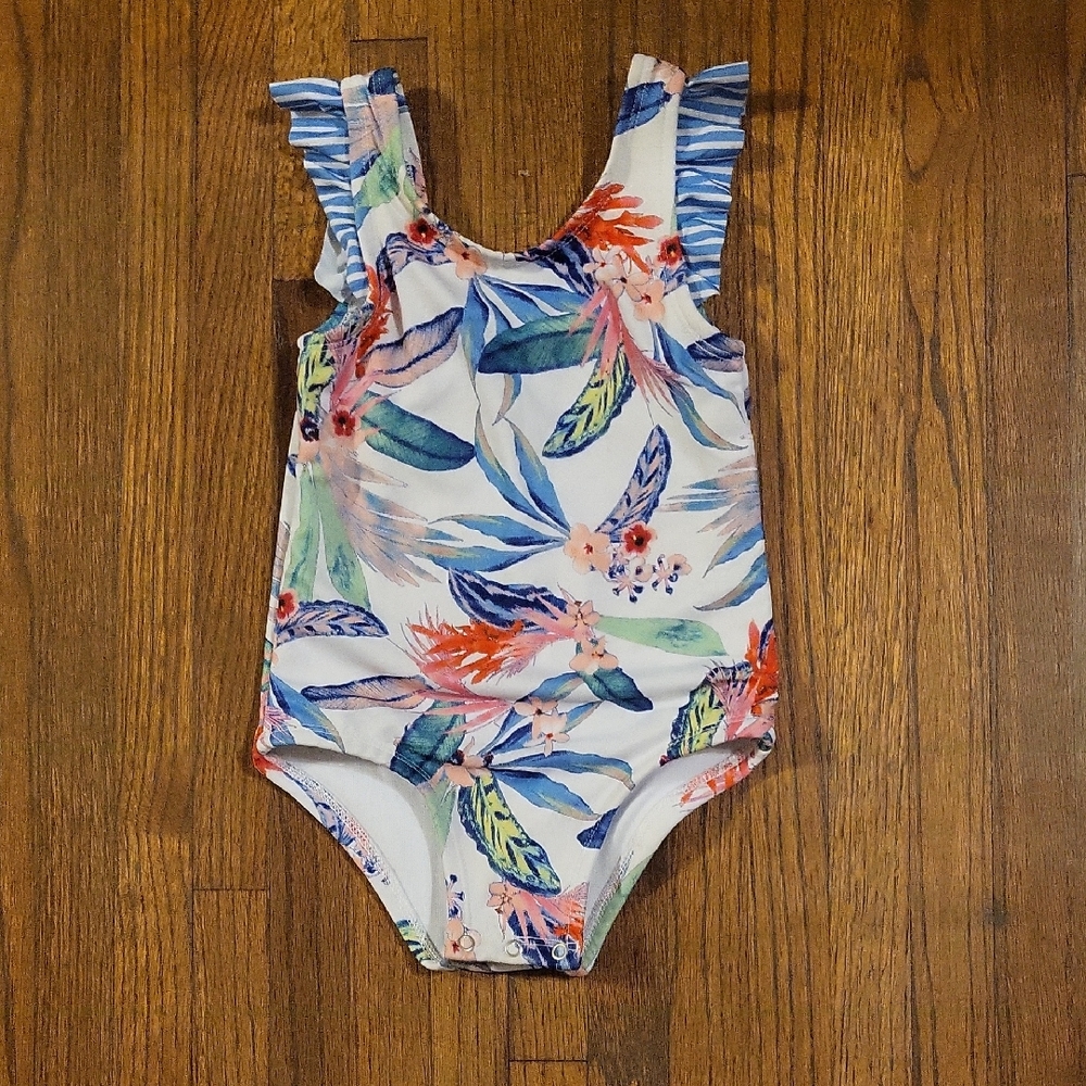 Outdoor Oasis White and Blue One Piece Swimwear with Ruffled Straps